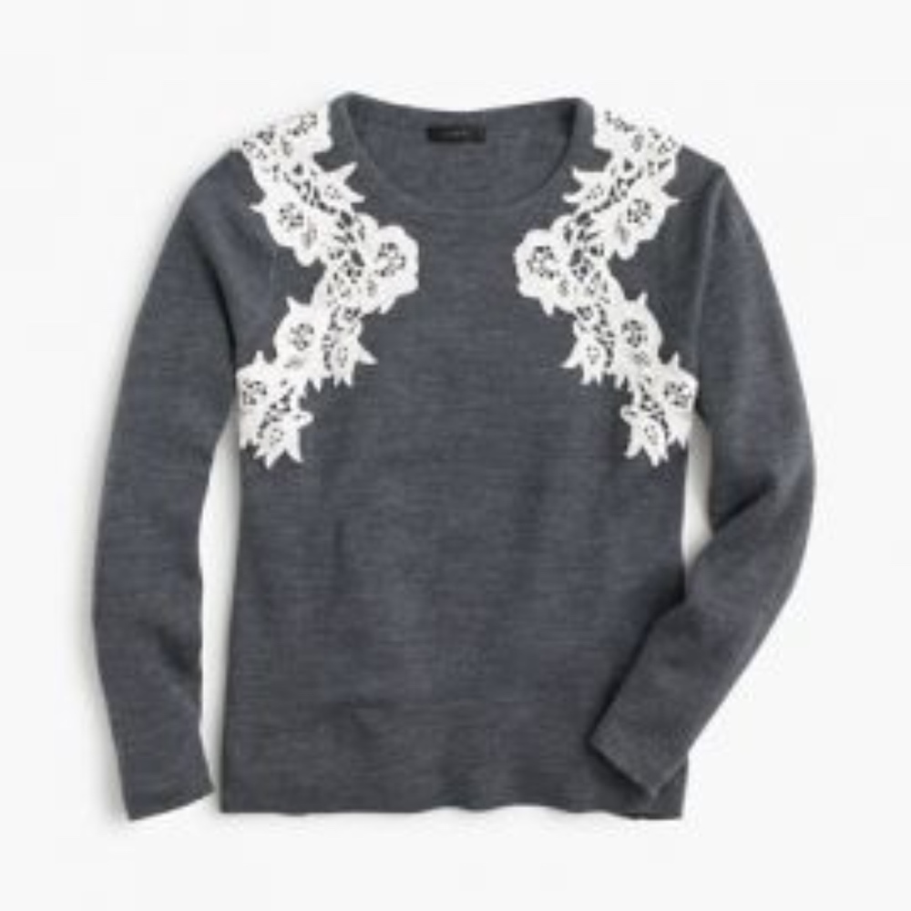 J Crew Grey Sweatshirt with White Lace Appliqué